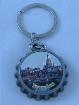 Schlüsselanhänger Kronkorkenform als Schüsselanhänger Frauenkirche, Semperoper und Skyline Dresden