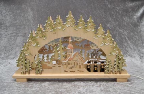 3D Schwibbogen Kirche farbig, mit Kurrende